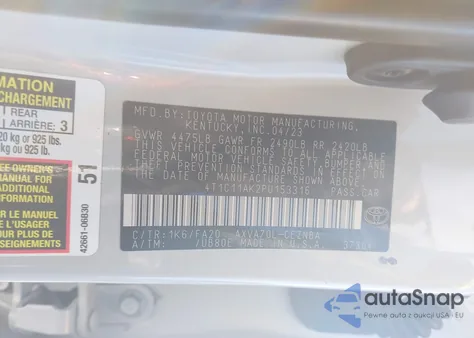 2023 Toyota Camry Le z USA, uszkodzony, nr VIN 4T1C11AK2PU153316